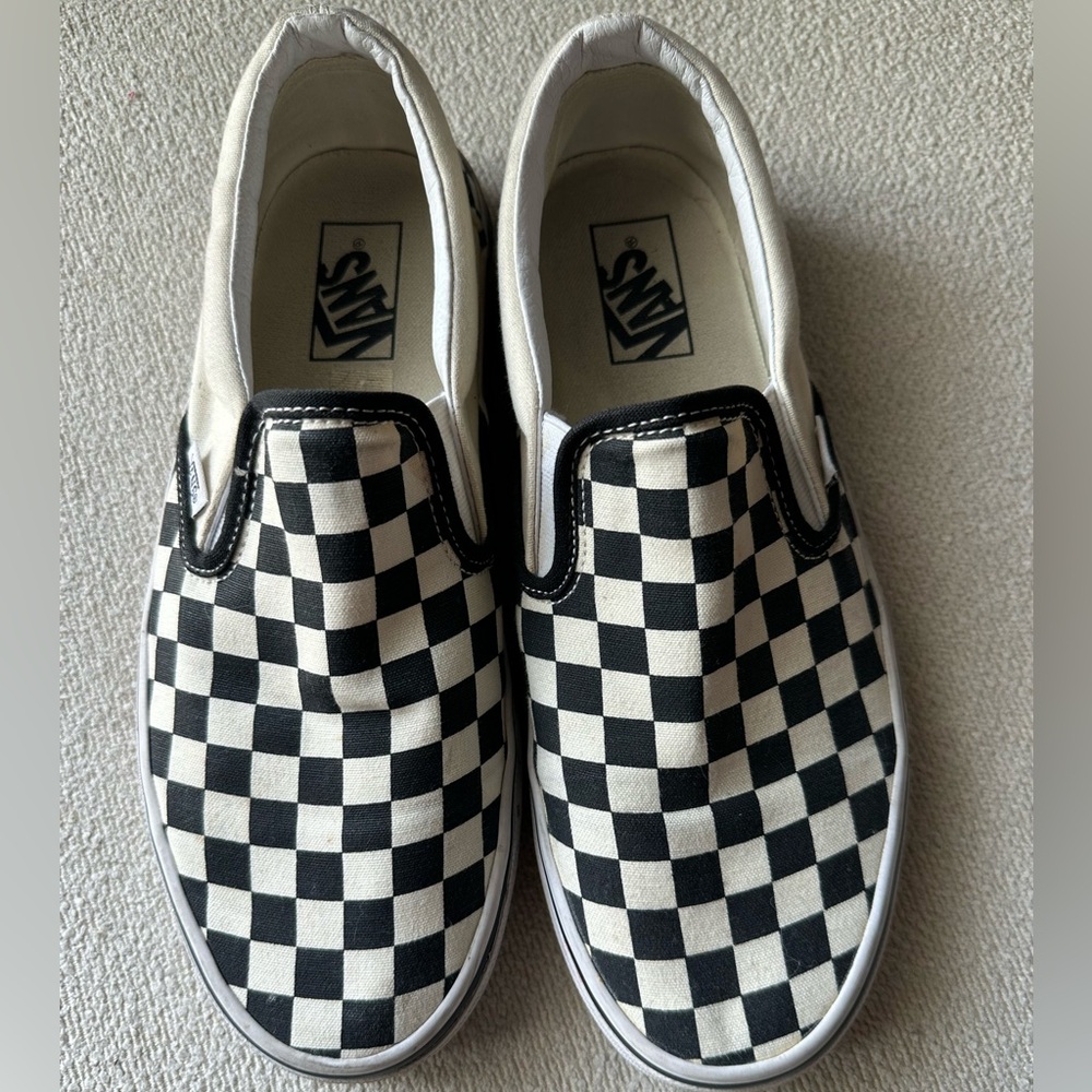 Vans Cream and Black Checkered Slip-Ons